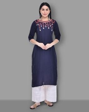 boat neck embroidered straight kurta