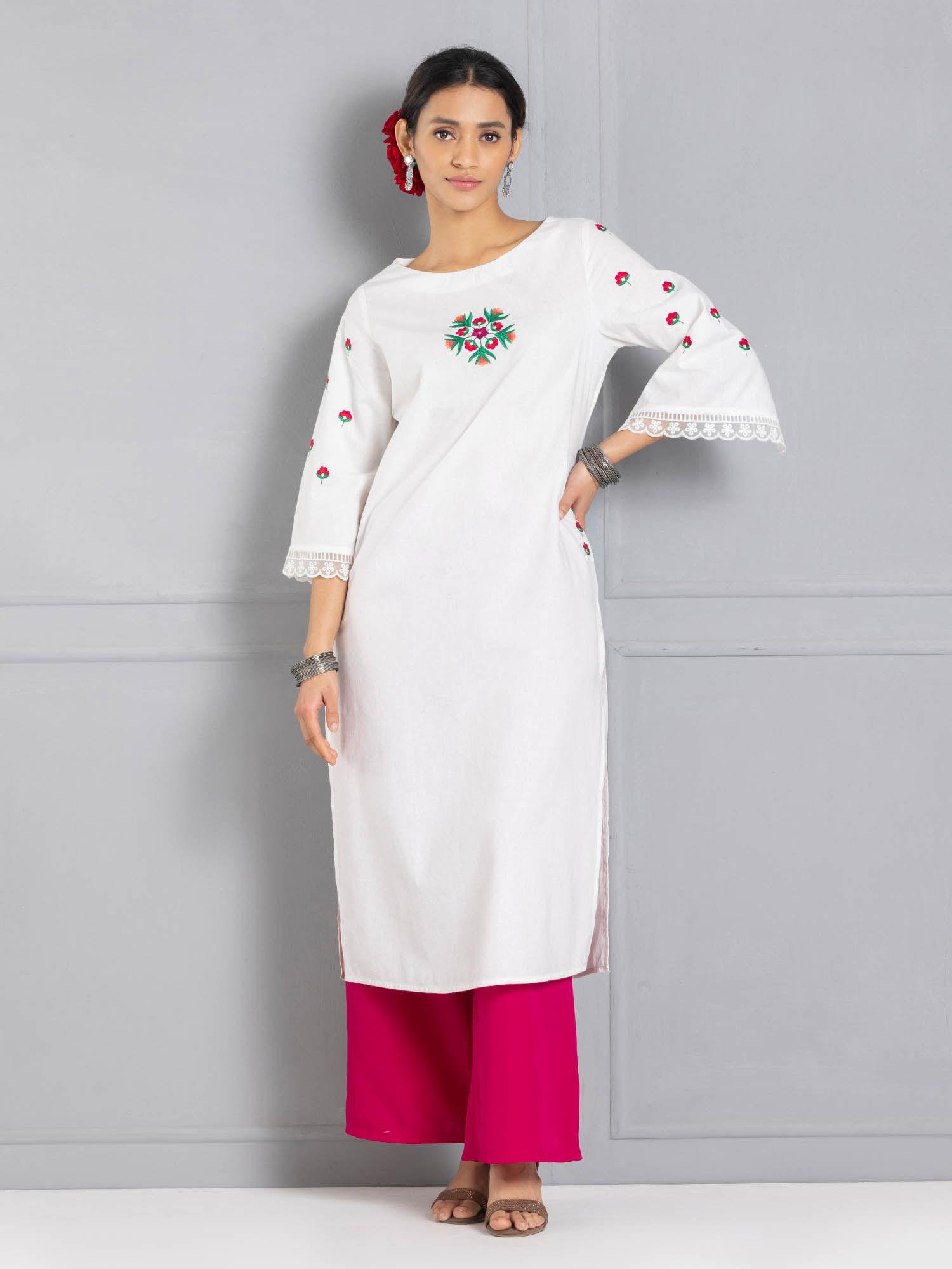 boat neck floral embroidered three-quarter sleeves ethnic kurta for women