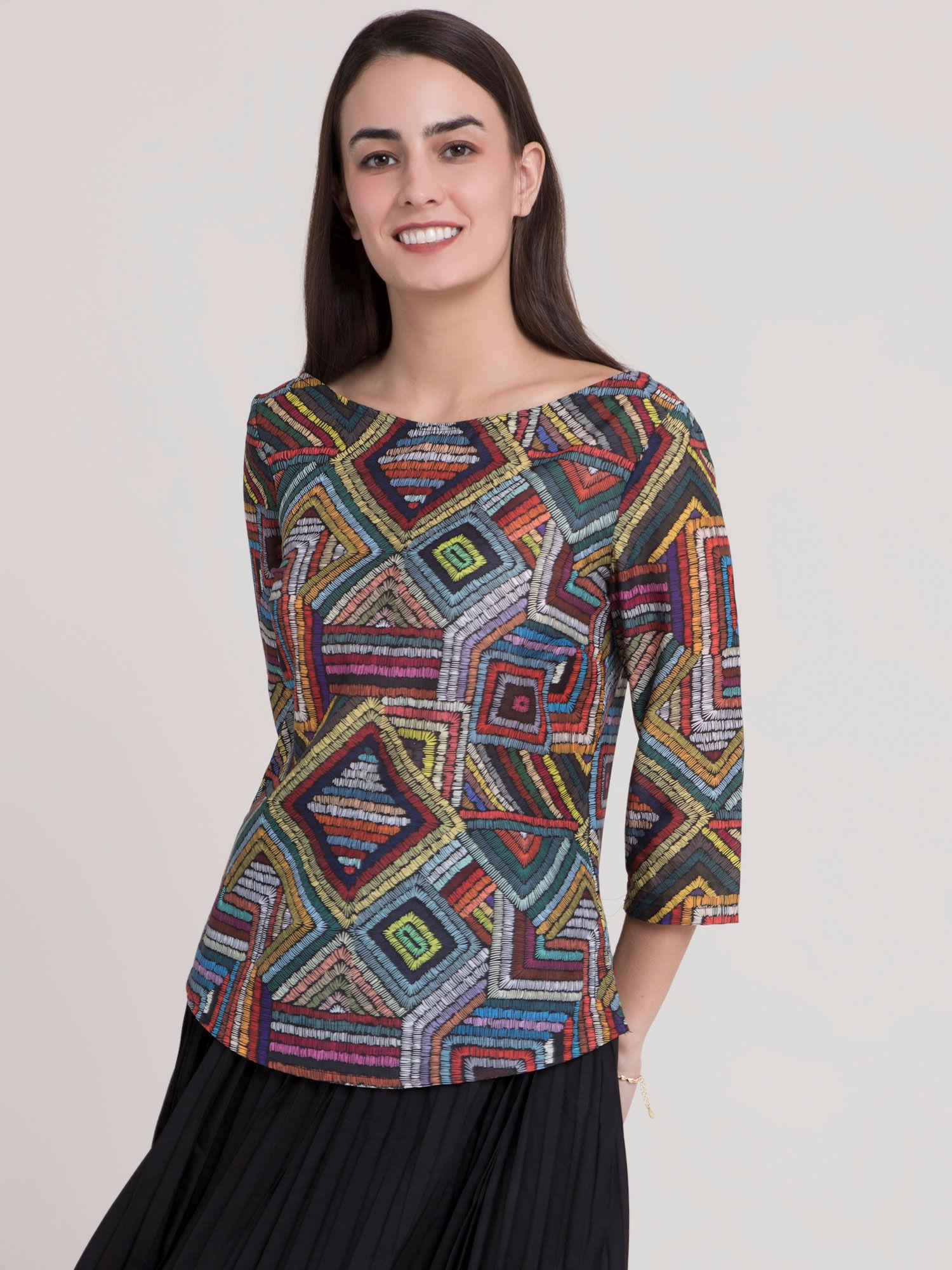 boat neck geometric print top - multicolour