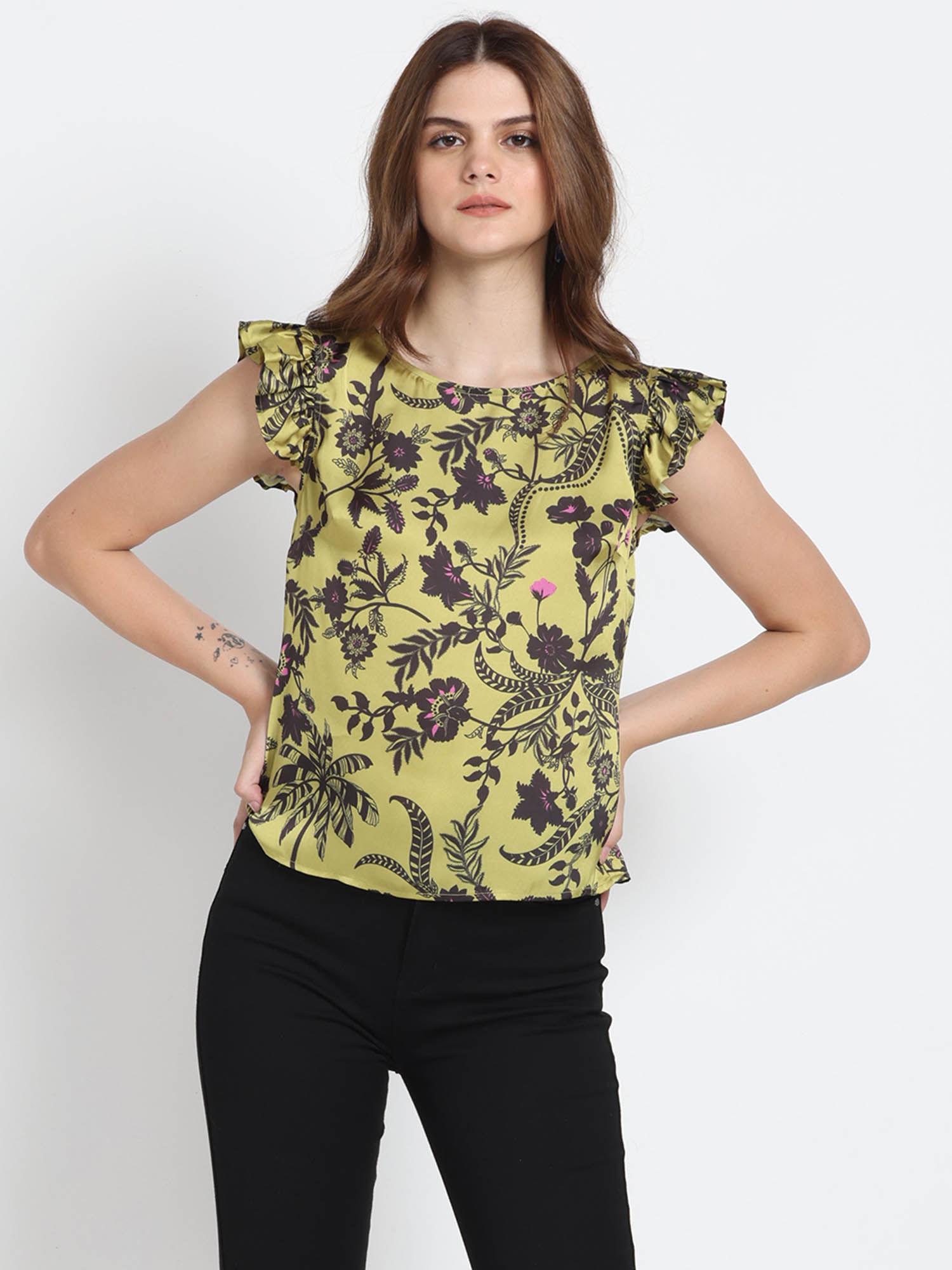 boat neck green floral print short sleeves casual tops for women