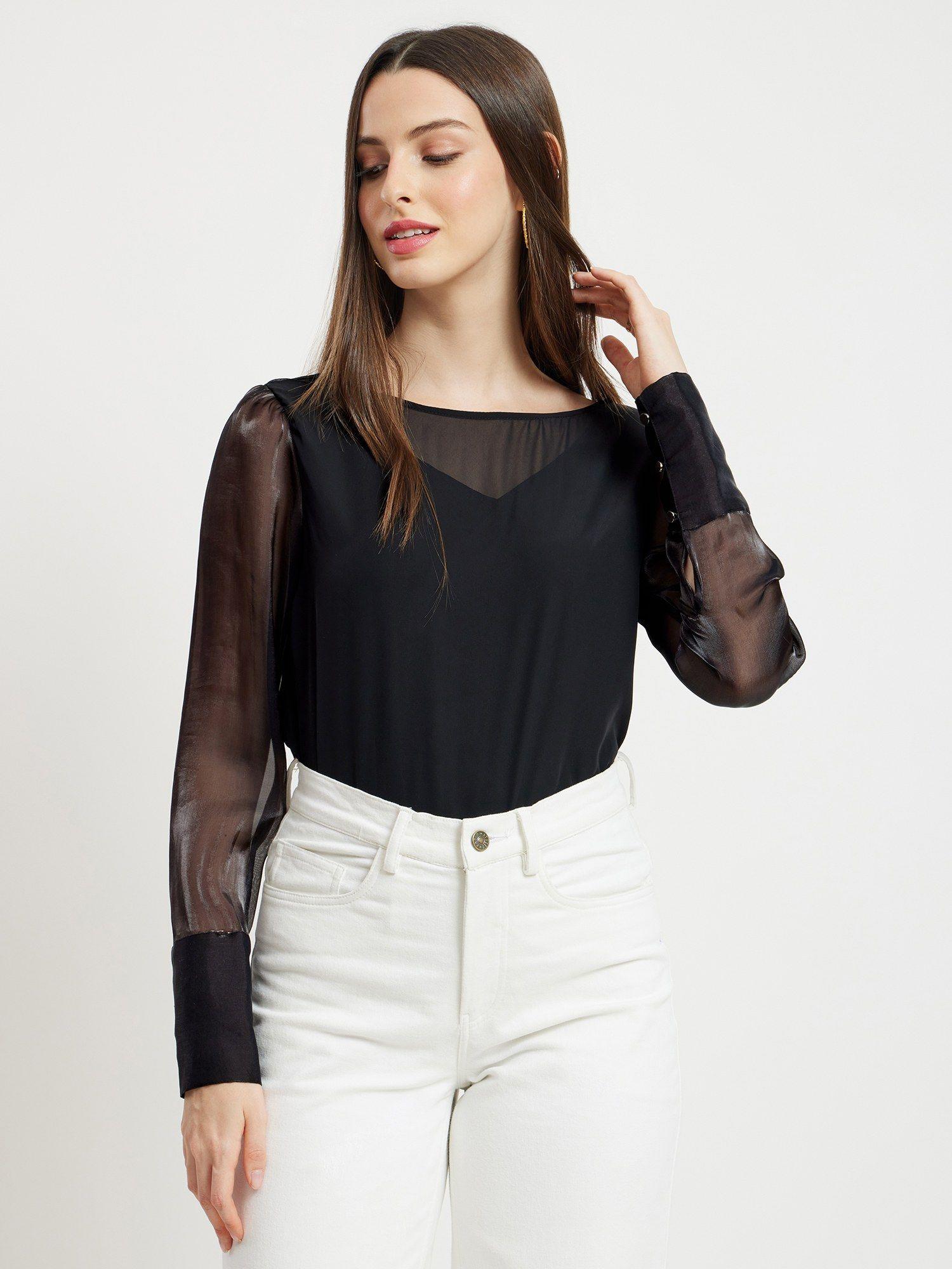 boat neck organza sleeves top - black