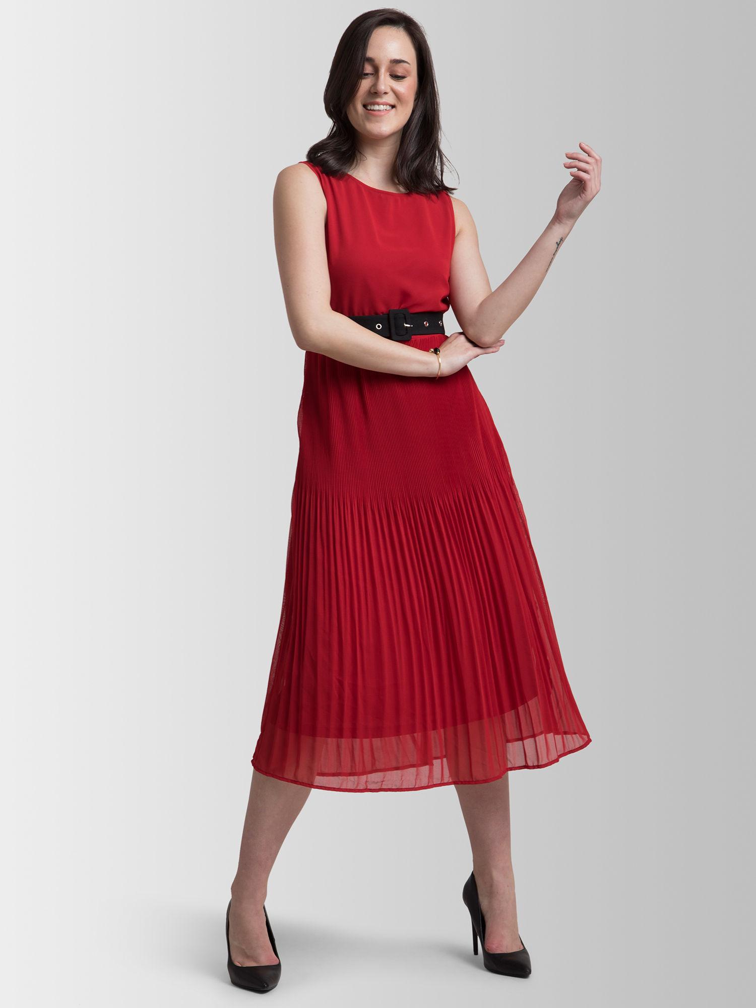 boat neck pleated a line dress - red