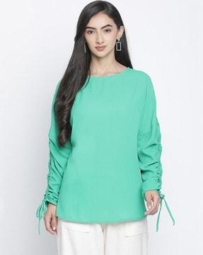 boat-neck ruched sleeve top