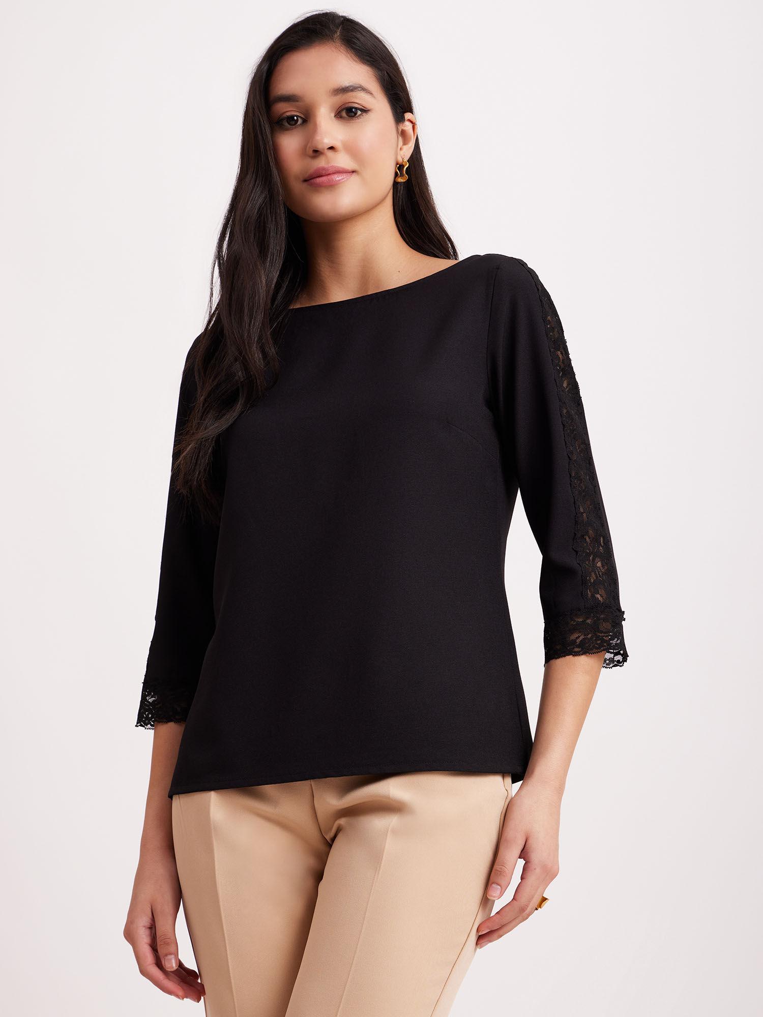 boat neck solid plain lace black top