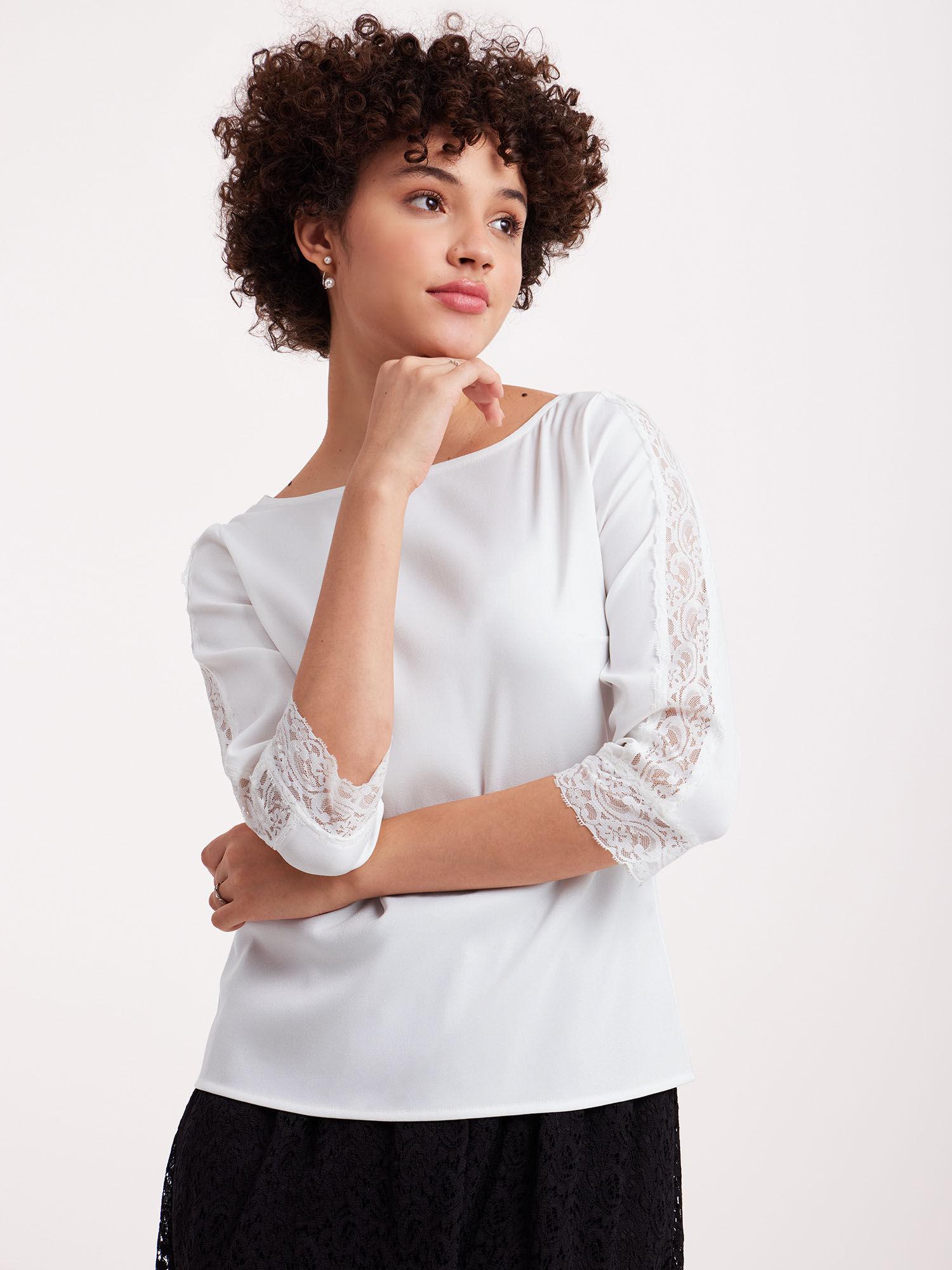 boat neck solid plain lace white top