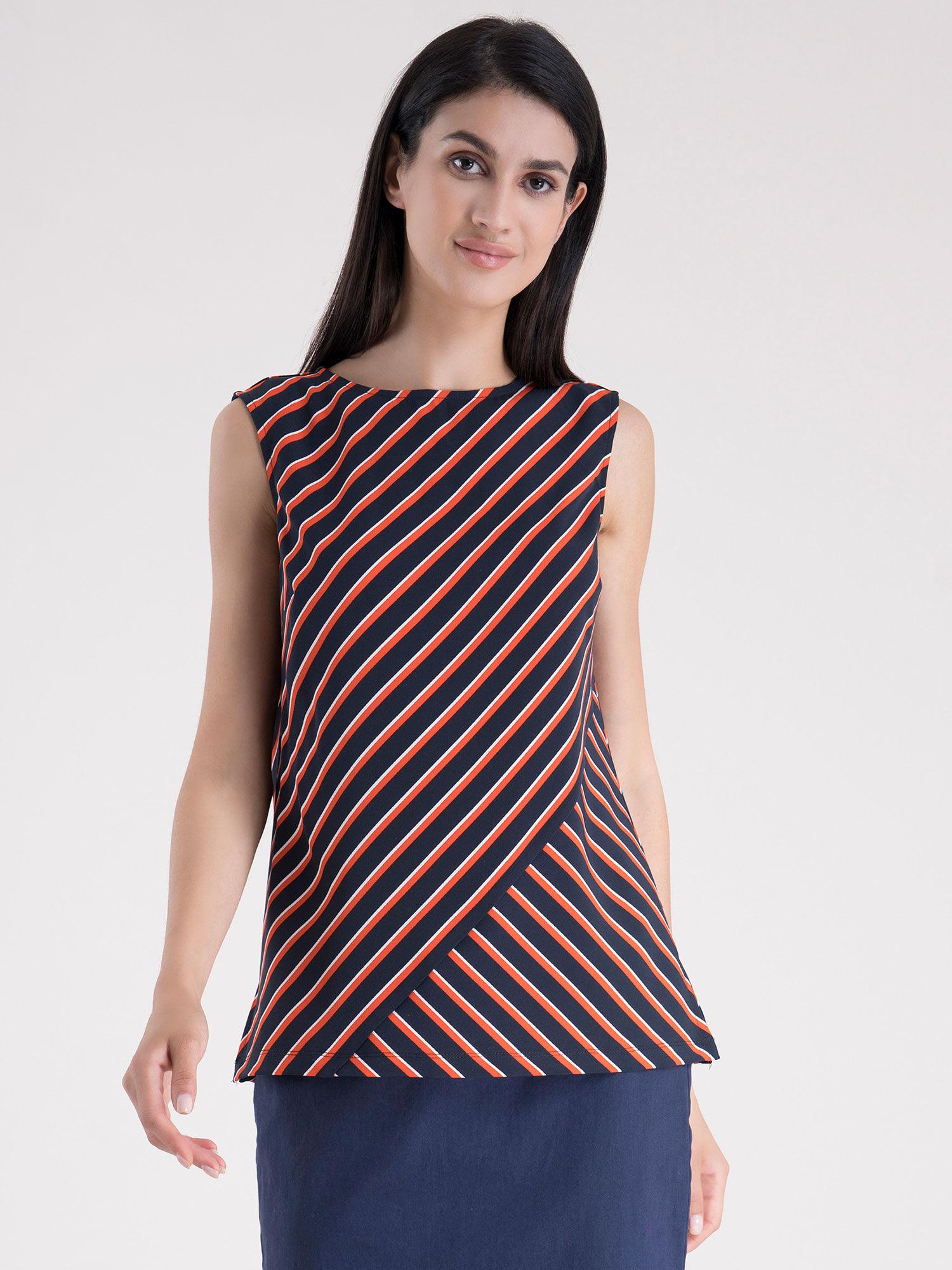 boat neck stripe top - navy and coral