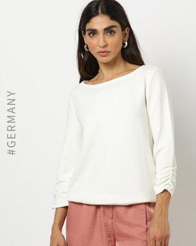 boat-neck sweatshirt with ruched sleeves