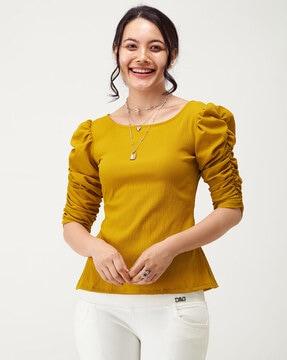boat-neck top with puff sleeves