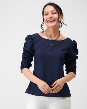 boat-neck top with puff sleeves