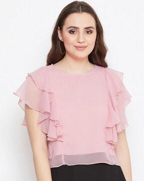 boat neck top with ruffled detail