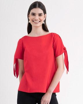 boat neck top with tie-up sleeves