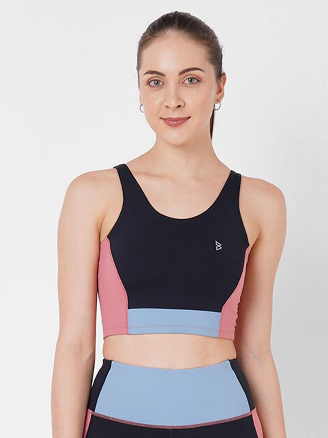 bodd active women black & blue colourblocked crop t-shirt