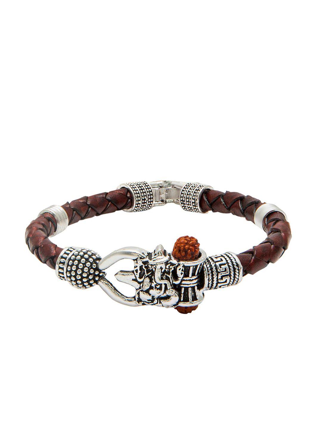 bodha men brown & silver-toned & plated rudraksh beaded adjustable bracelet