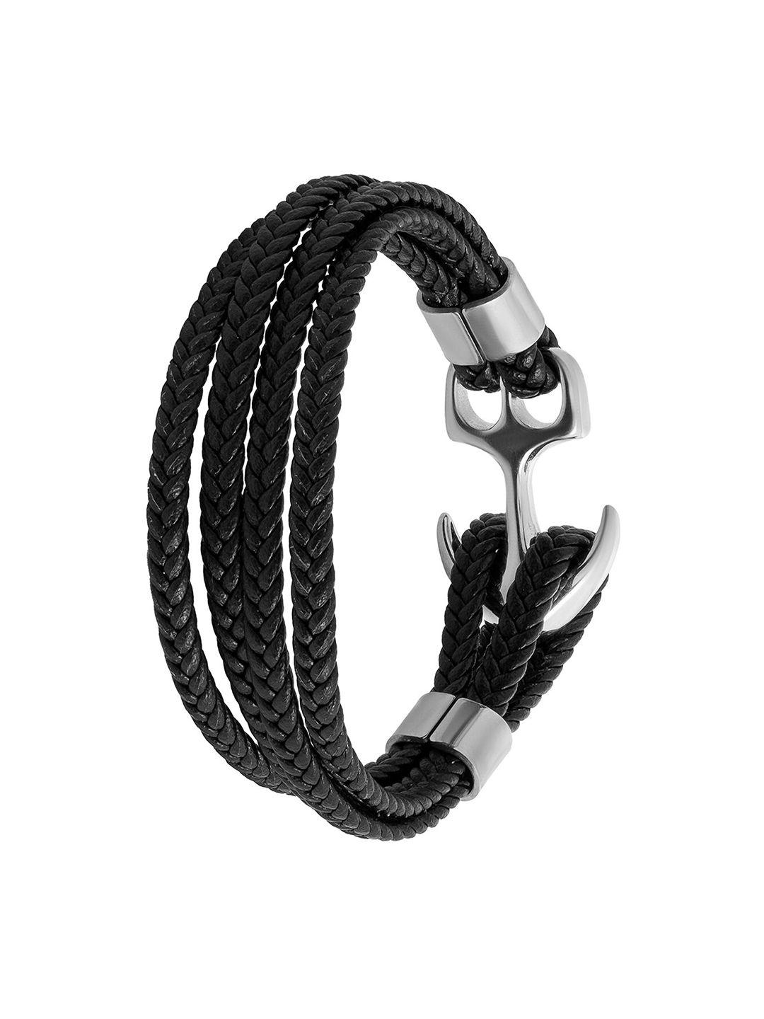 bodha men stainless steel leather silver plated wraparound bracelet