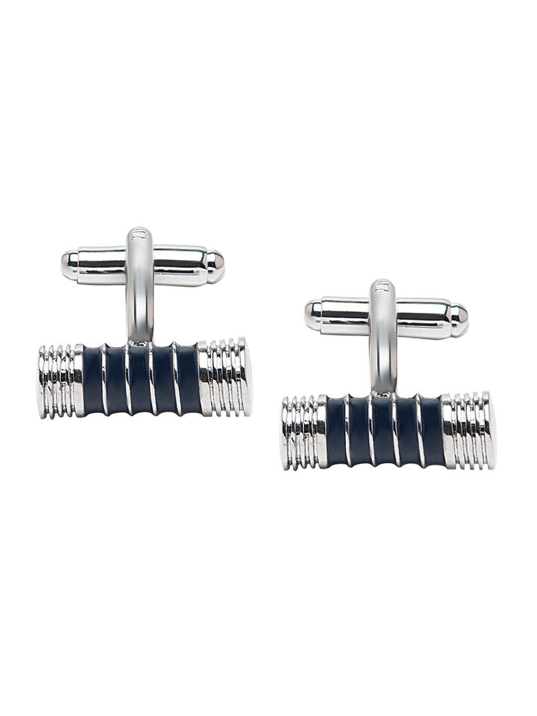 bodha silver-toned & navy blue cylinder cufflink