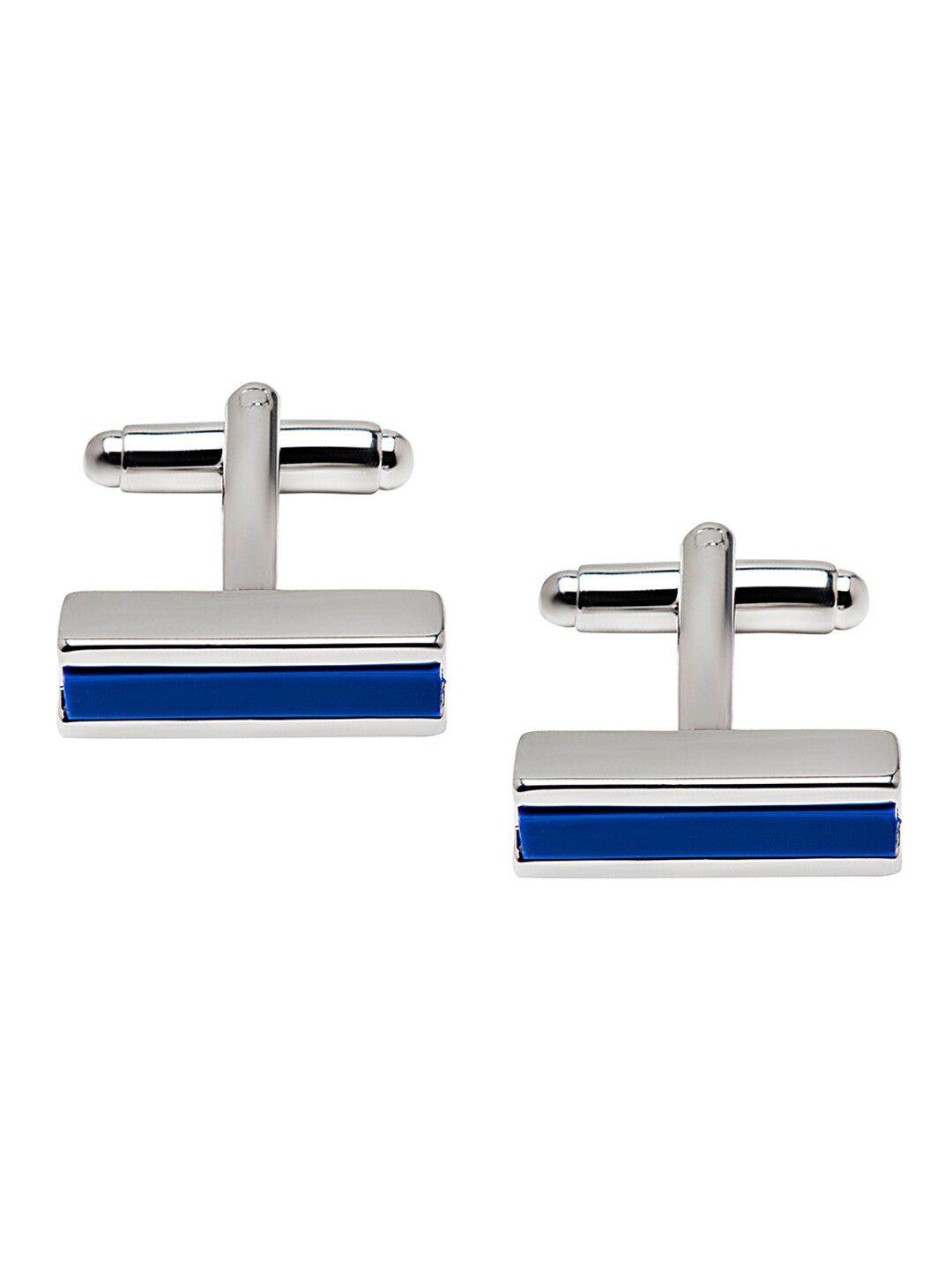 bodha silver-toned & navy blue quirky stylish cufflink