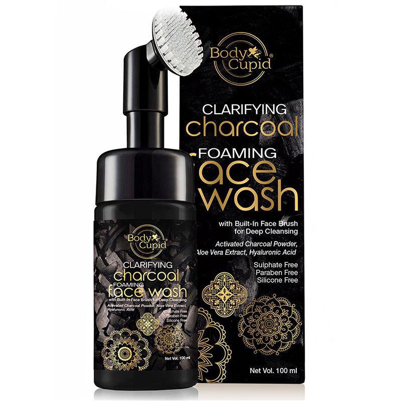 body cupid clarifying charcoal foaming face wash with built in brush