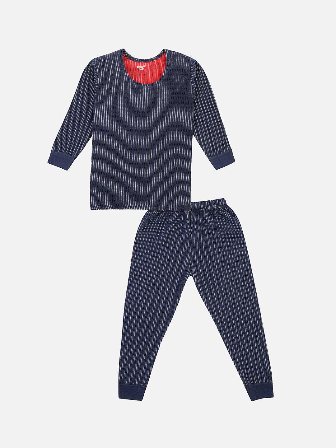 bodycare insider unisex kids navy blue & white self-design skinny-fit thermal set