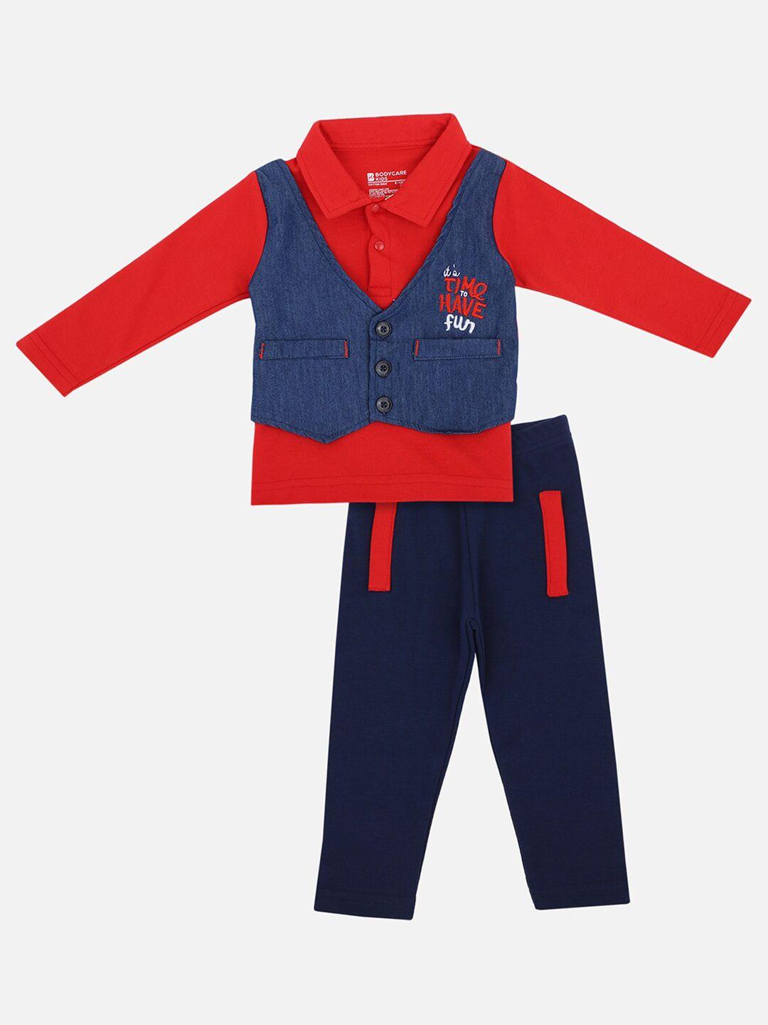 bodycare kids boys red & navy blue printed t-shirt & waist coat with trousers