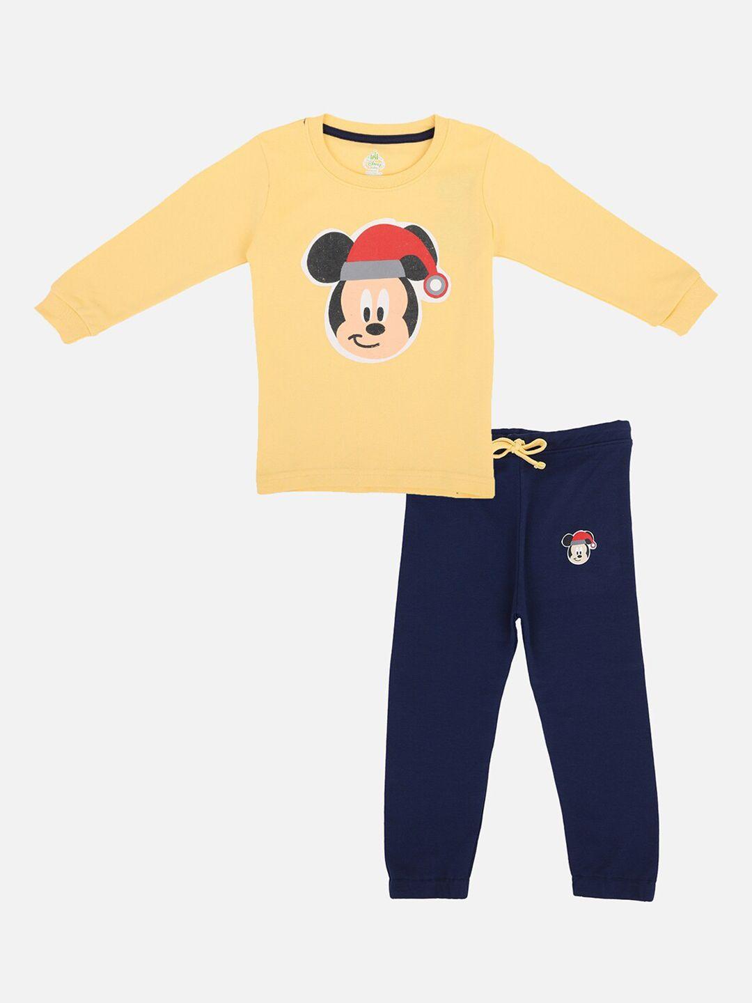 bodycare kids boys yellow & navy blue mickey mouse printed t-shirt with trousers