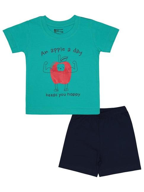 bodycare kids green & navy printed t-shirt with shorts