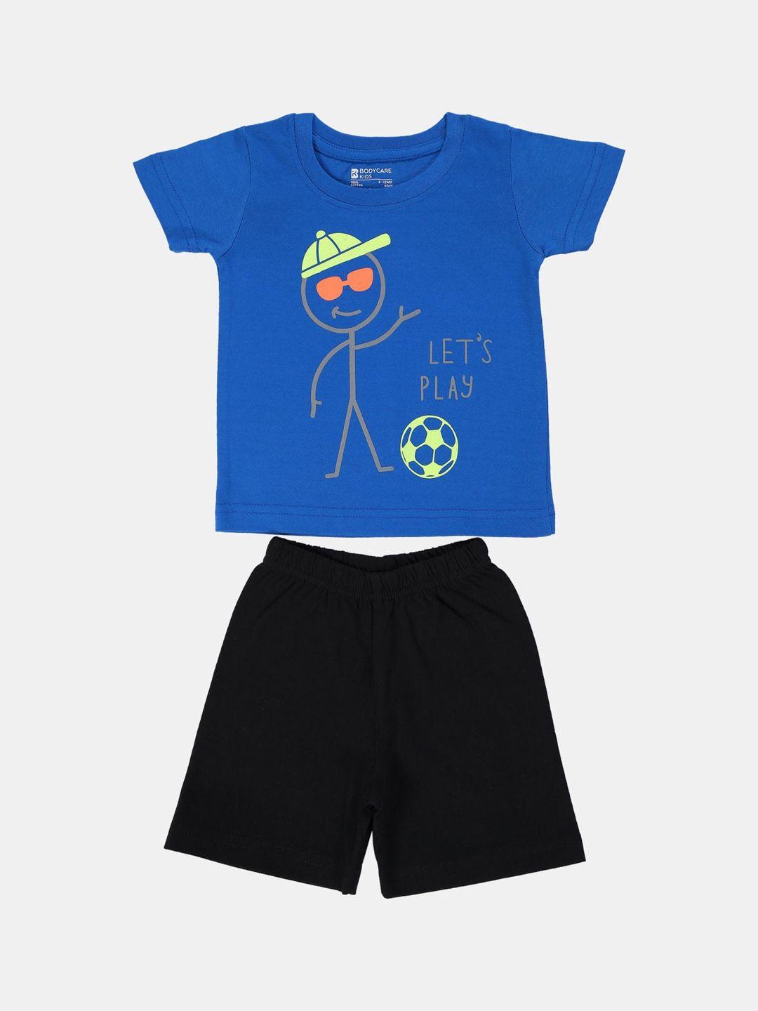 bodycare first boys blue & black printed t-shirt with shorts