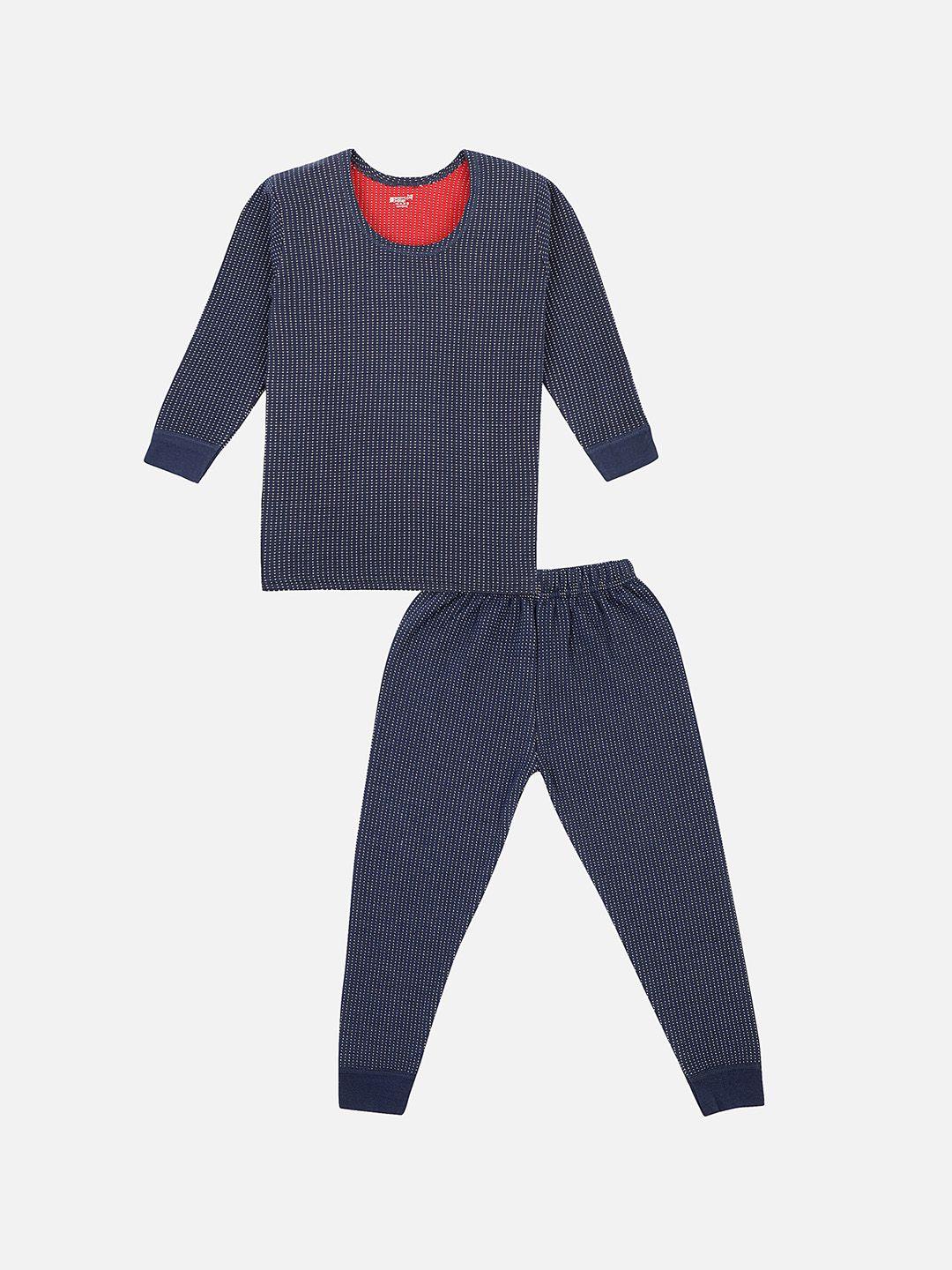 bodycare insider unisex kids navy blue & white self-design skinny-fit thermal set