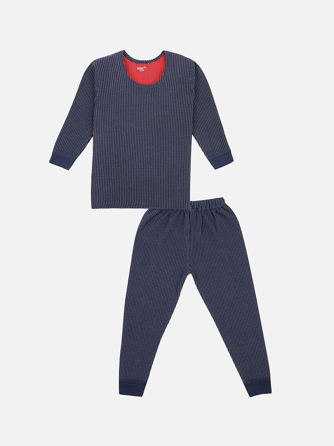 bodycare insider unisex kids navy blue & white self-design skinny-fit thermal set