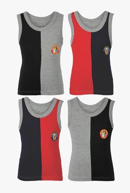 bodycare kids black, red, navy & grey textured vests (pack of 4)