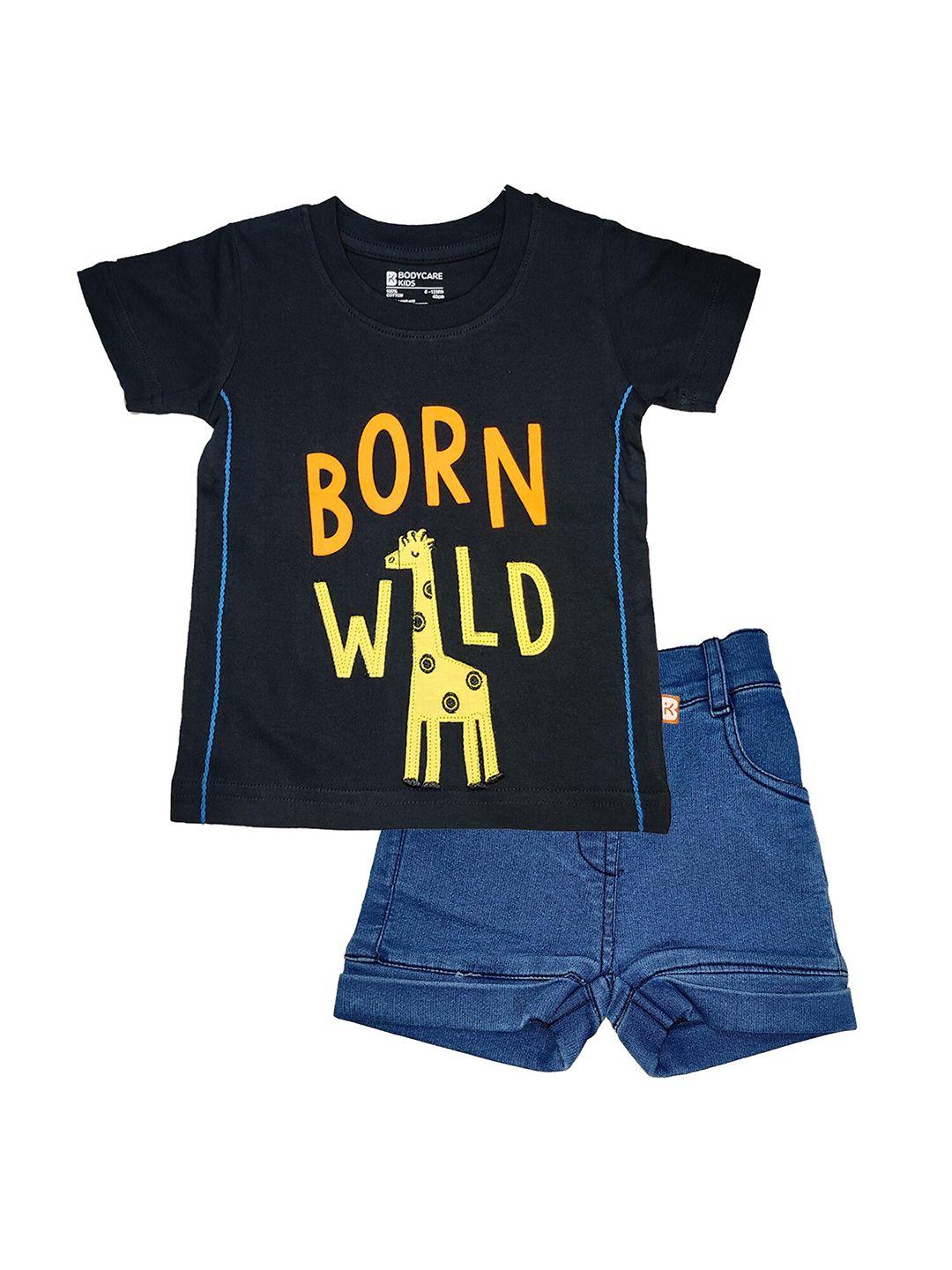 bodycare kids boys blue & black printed pure cotton t-shirt with shorts set