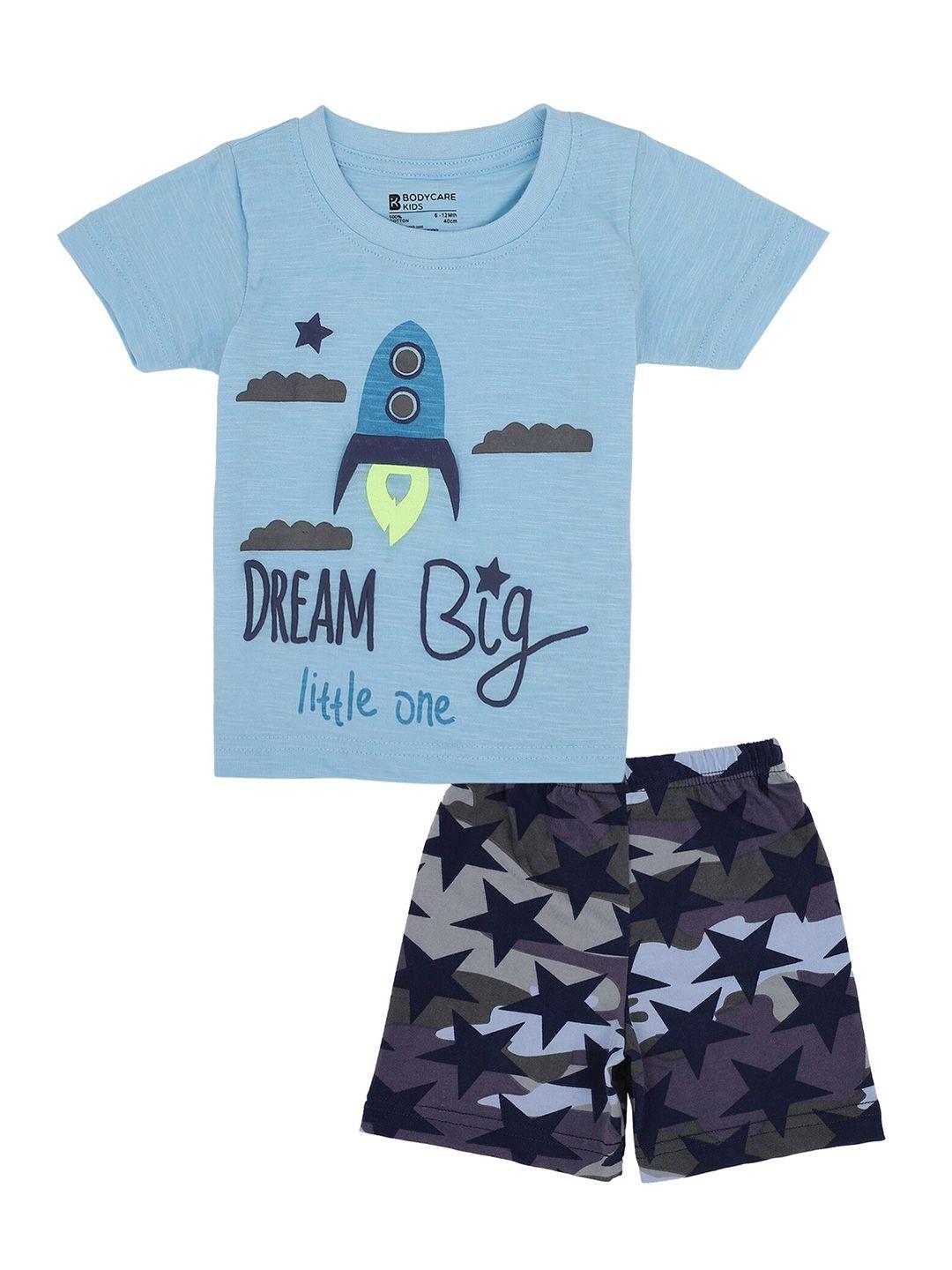 bodycare kids boys blue & grey printed t-shirt with shorts