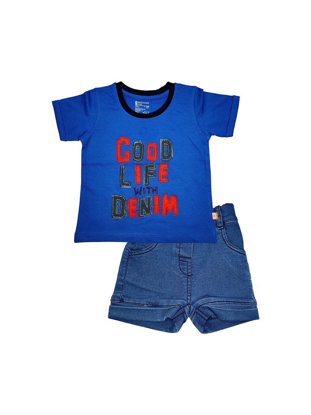 bodycare kids boys blue & red printed pure cotton t-shirt with shorts