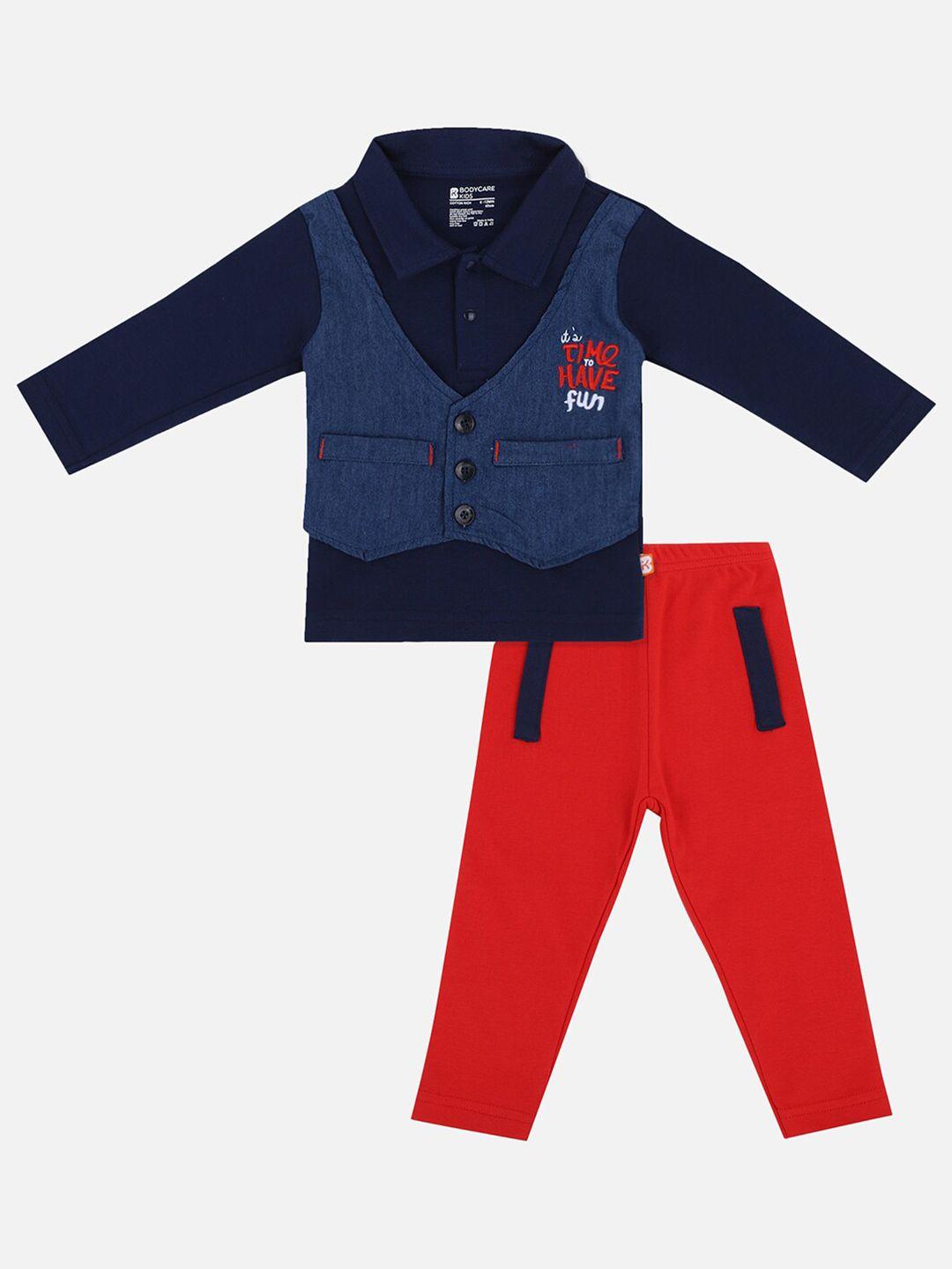 bodycare kids boys navy blue & red printed shirt with trousers