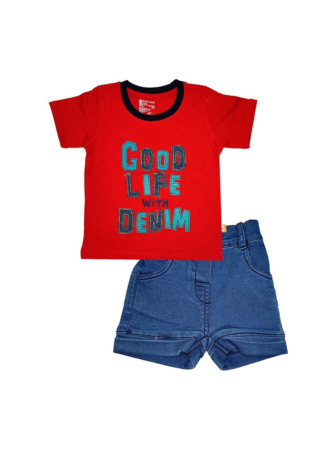 bodycare kids boys red & blue printed pure cotton t-shirt with shorts set