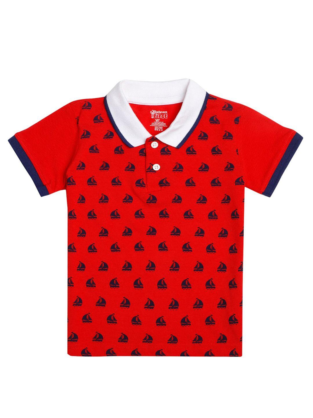 bodycare kids boys red & navy blue printed cotton polo collar t-shirt