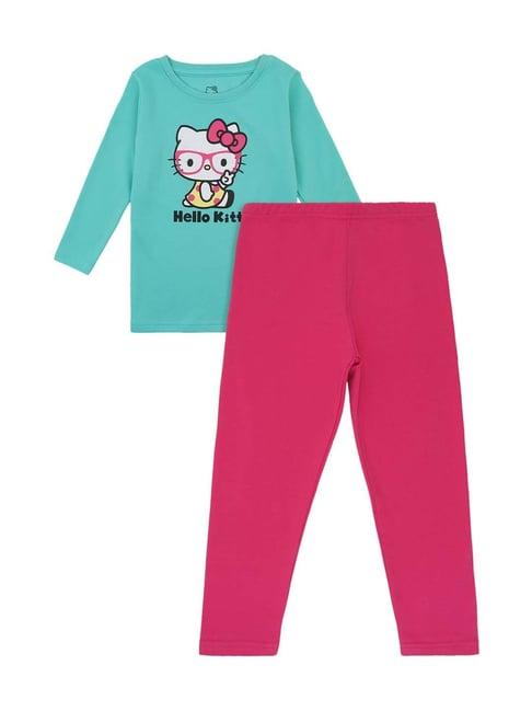 bodycare kids green & pink cotton printed full sleeves t-shirt set