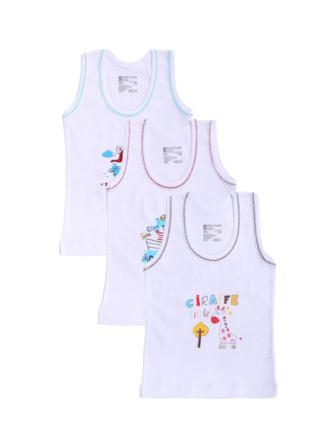 bodycare kids infant boys pack of 3 white printed cotton innerwear basic vests