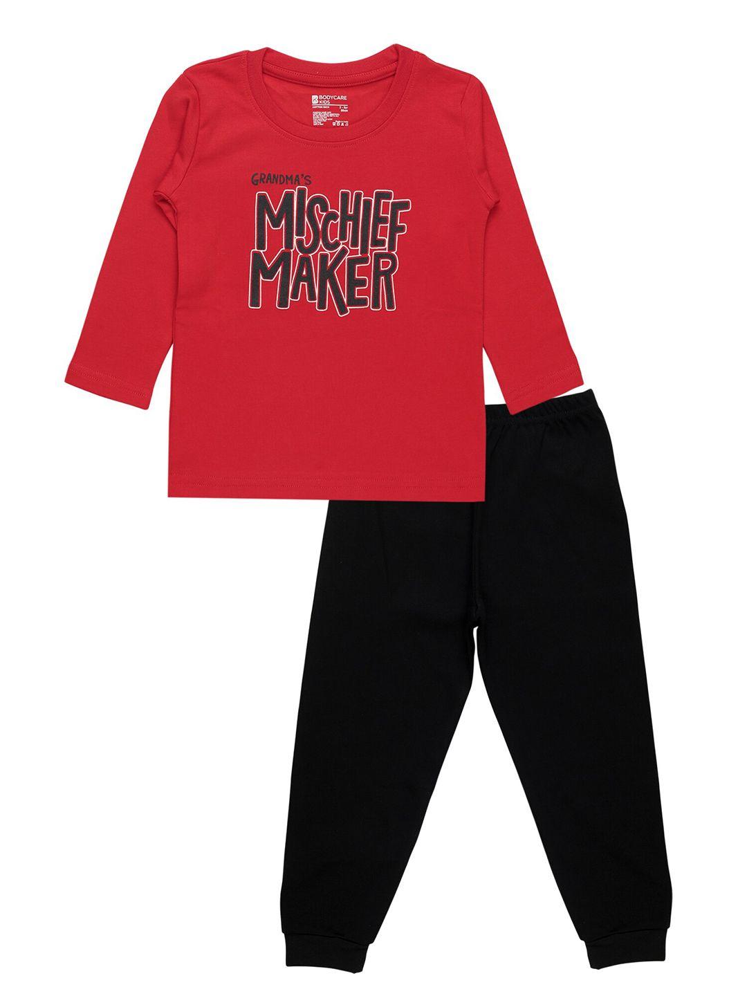 bodycare kids infant boys red & black printed t-shirt with pyjama set