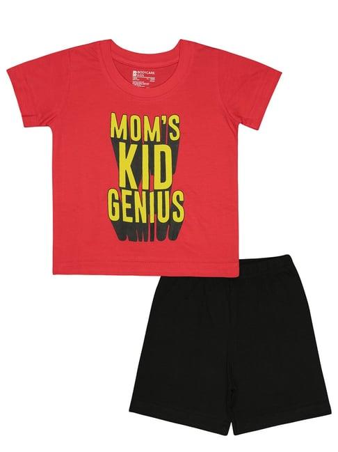 bodycare kids red & black printed t-shirt with shorts