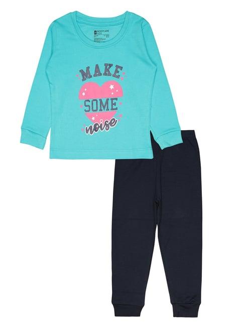 bodycare kids turquoise & navy printed full sleeves t-shirt with trackpants