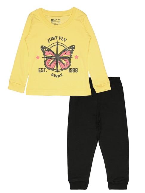 bodycare kids yellow & black printed full sleeves t-shirt with trackpants