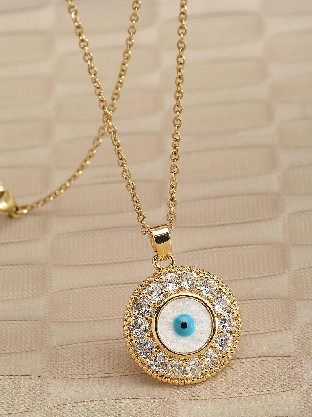 bohey by karatcart gold-plated cz-studded circular shaped evil eye pendant with chain
