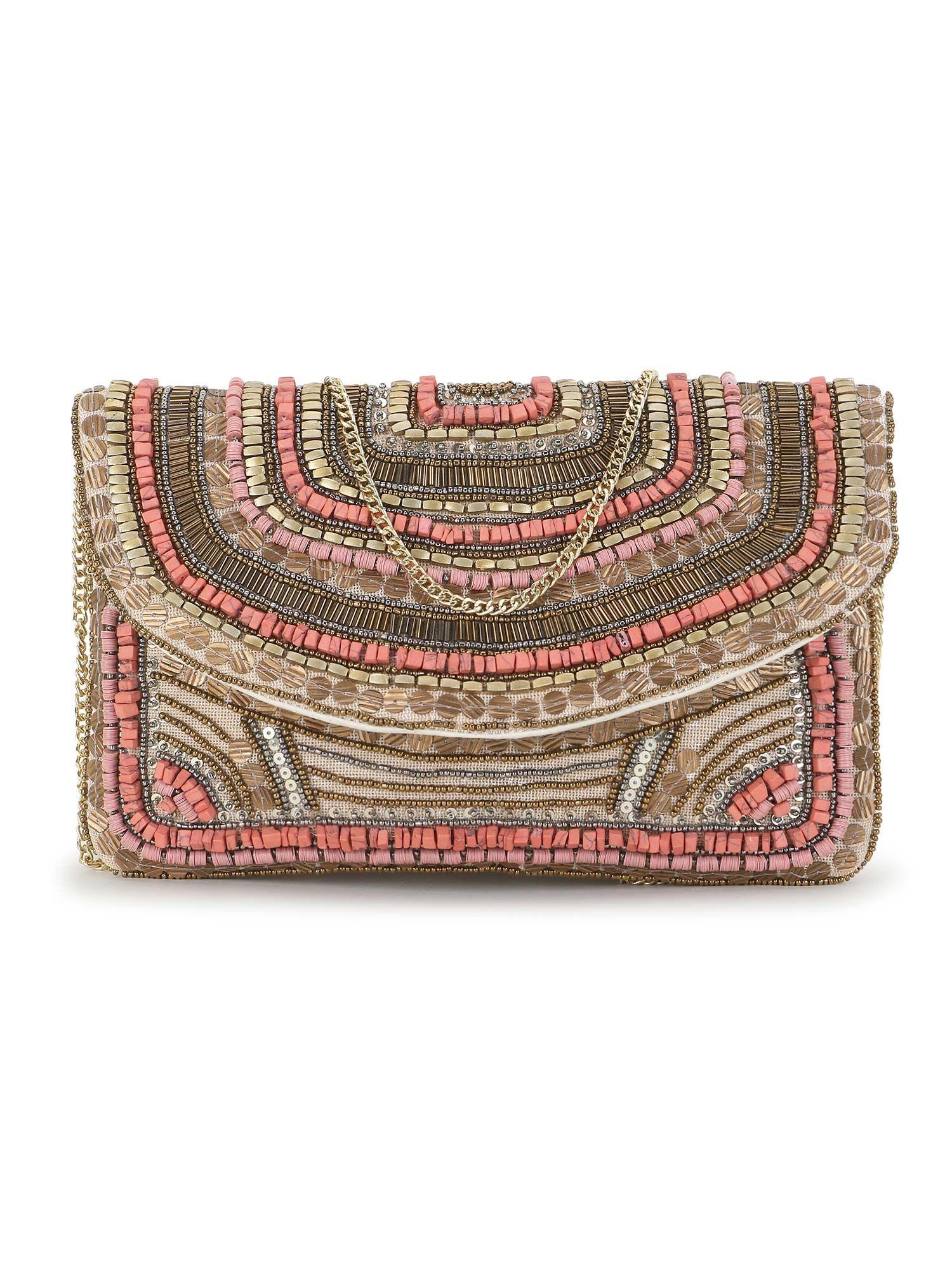 boho beige & dusky pink cotton canvas striped embellished sling bag