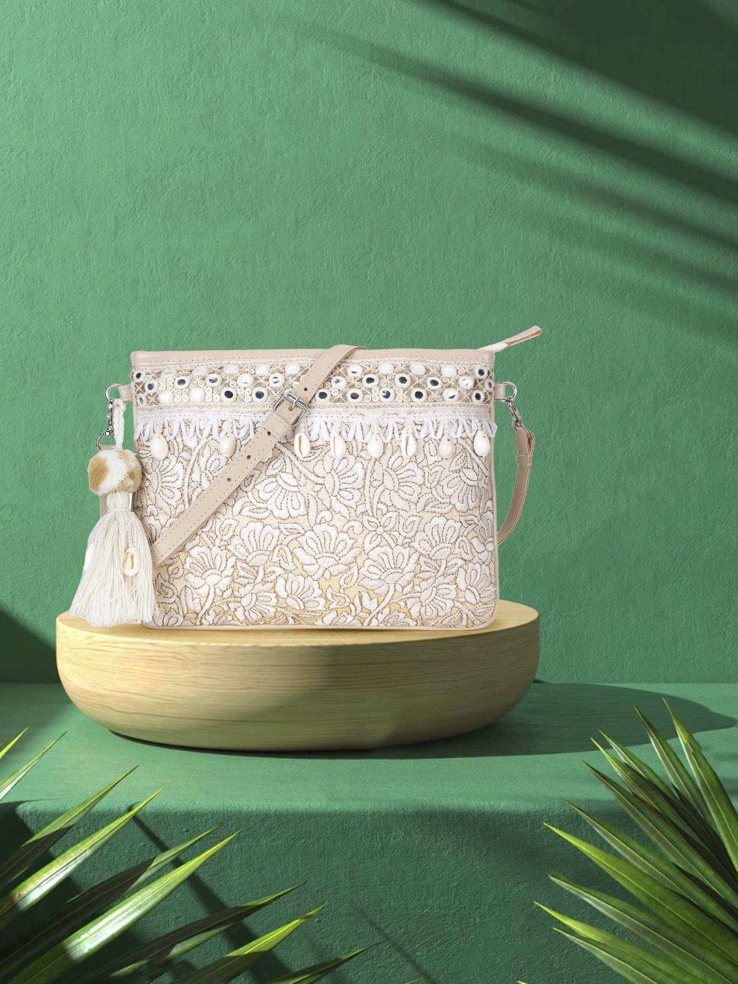 boho natural & gold faux silk floral embroidered sling bag