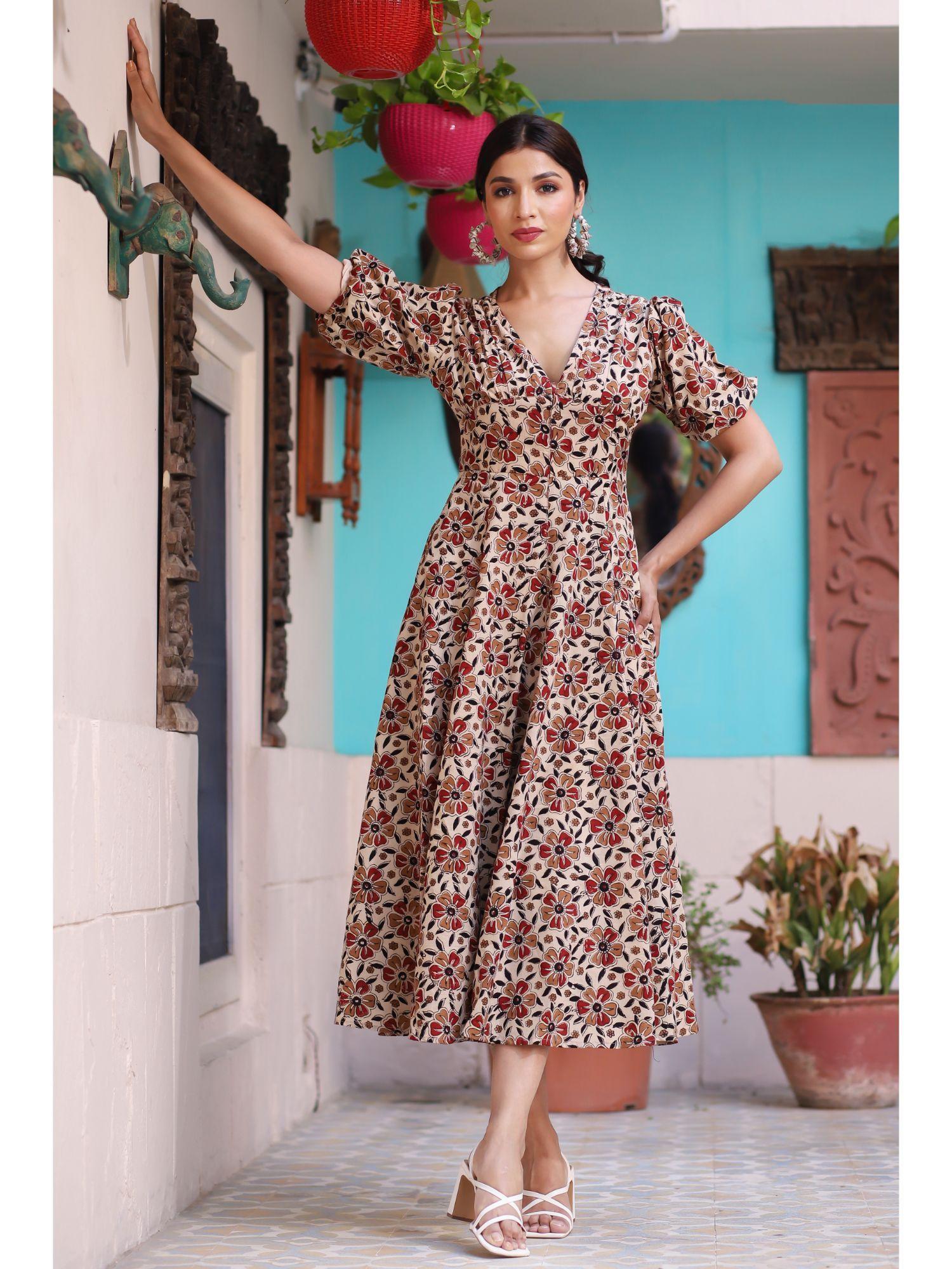 bold & bright floral beige hand block cotton dress