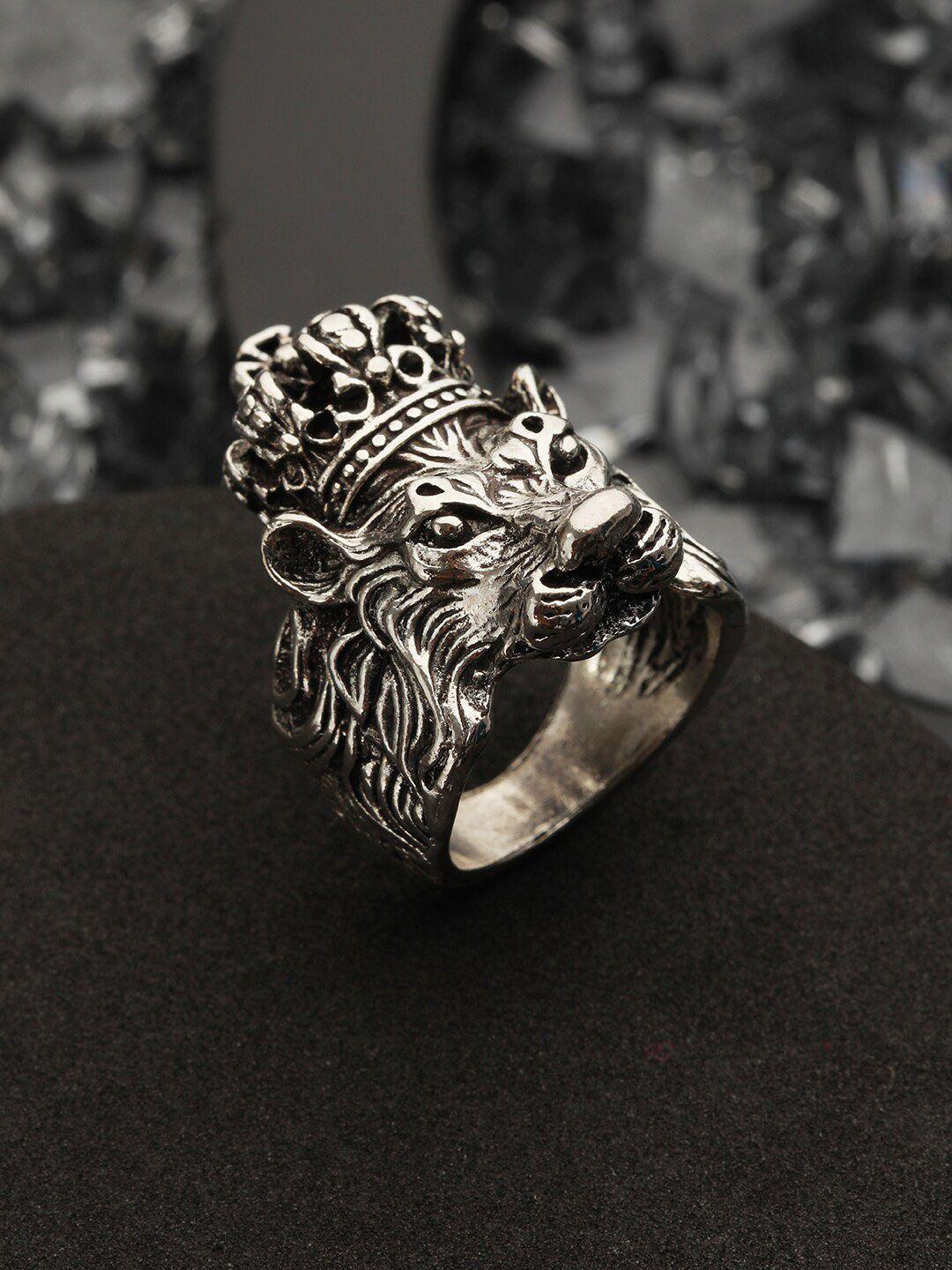 bold by priyaasi men silver-plated king lion oxidised finger ring