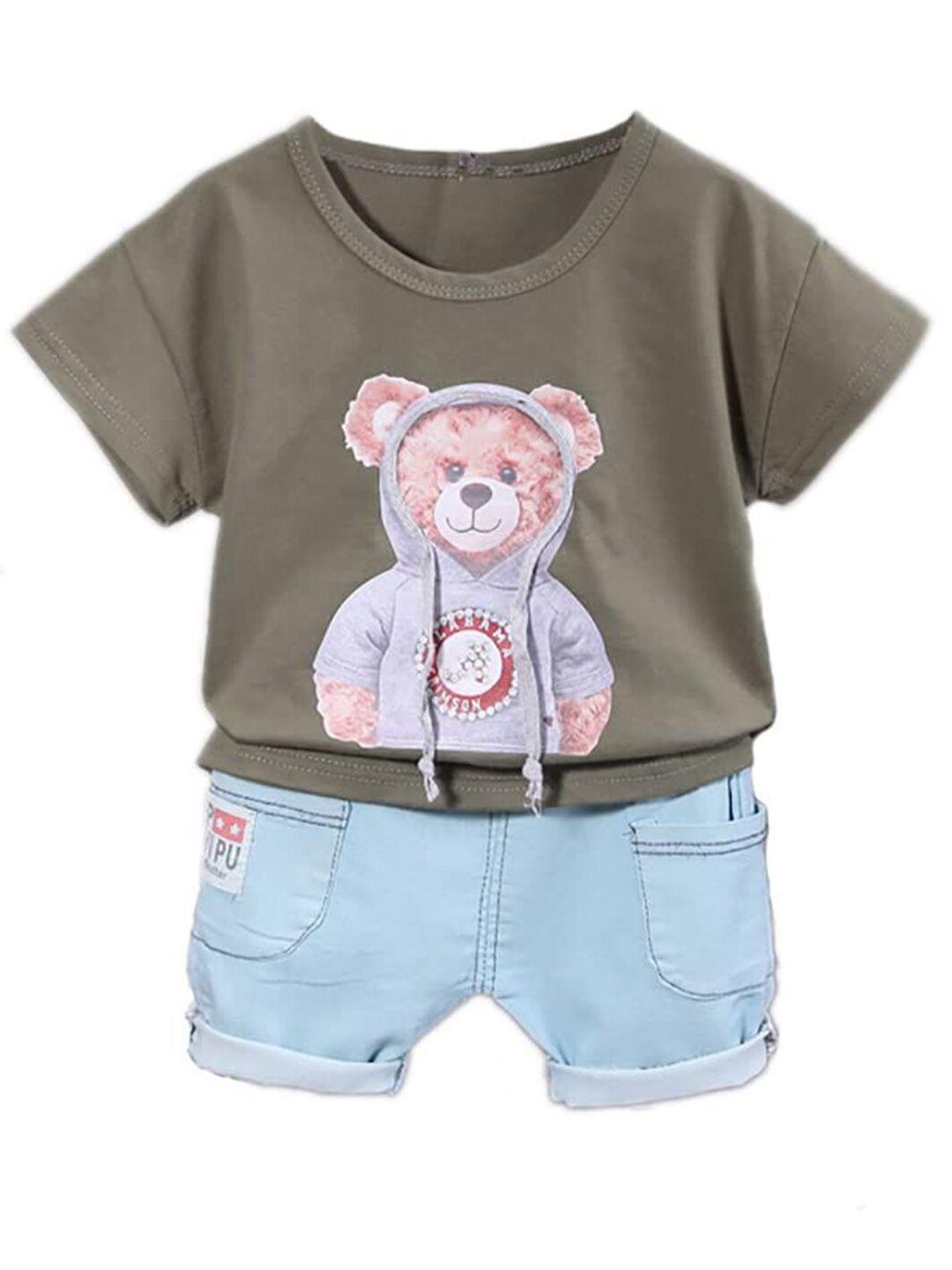 bold n elegant unisex kids olive green & blue printed t-shirt with shorts