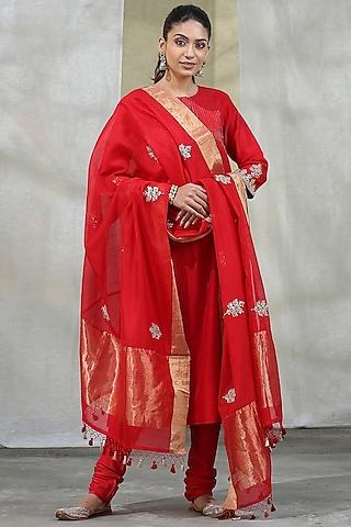 bold red handloom kurta set