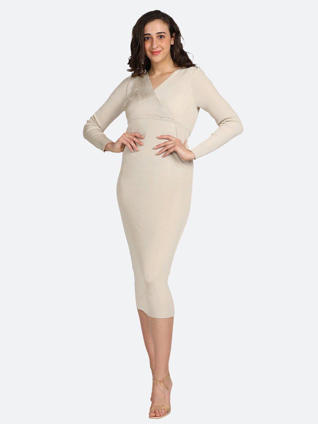 boldmiss women cream solid bodycon polyester midi dress