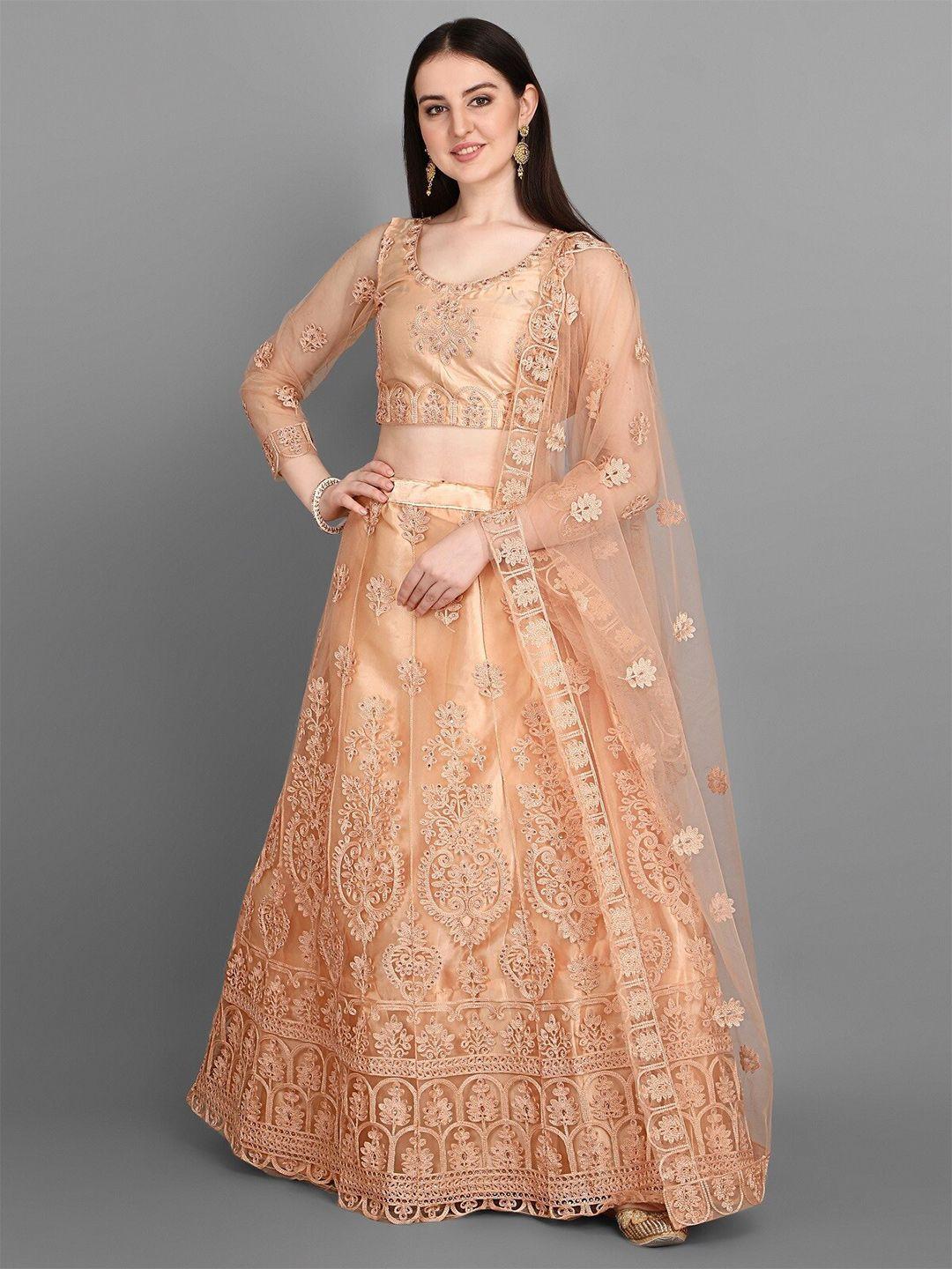 bollyclues cream-coloured embroidered semi-stitched lehenga & unstitched blouse with dupatta